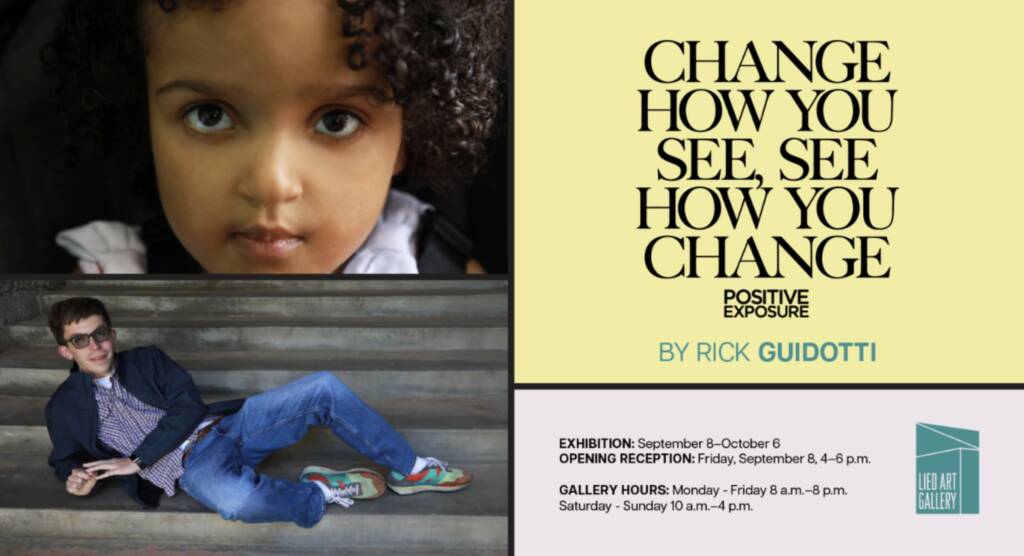 2 images a young girl looking into the lens and a young man lounging on concrete steps in blue jeans. Next to images is Change How You See, See How you change logo and hours of exhibition.