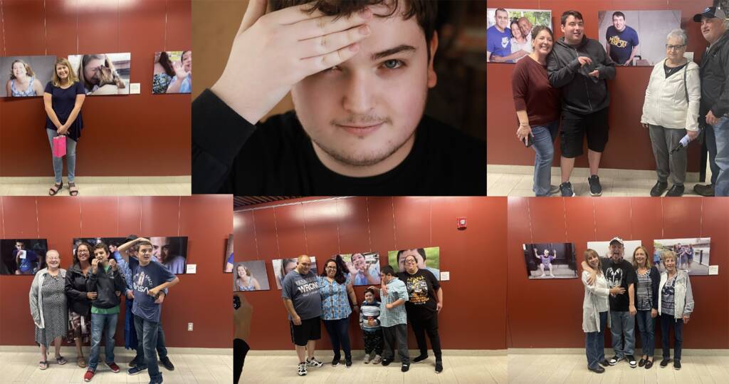 Assorted images of models in front of their images at gallery.