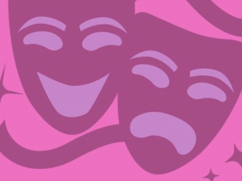 Drama masks on pink backdrop.