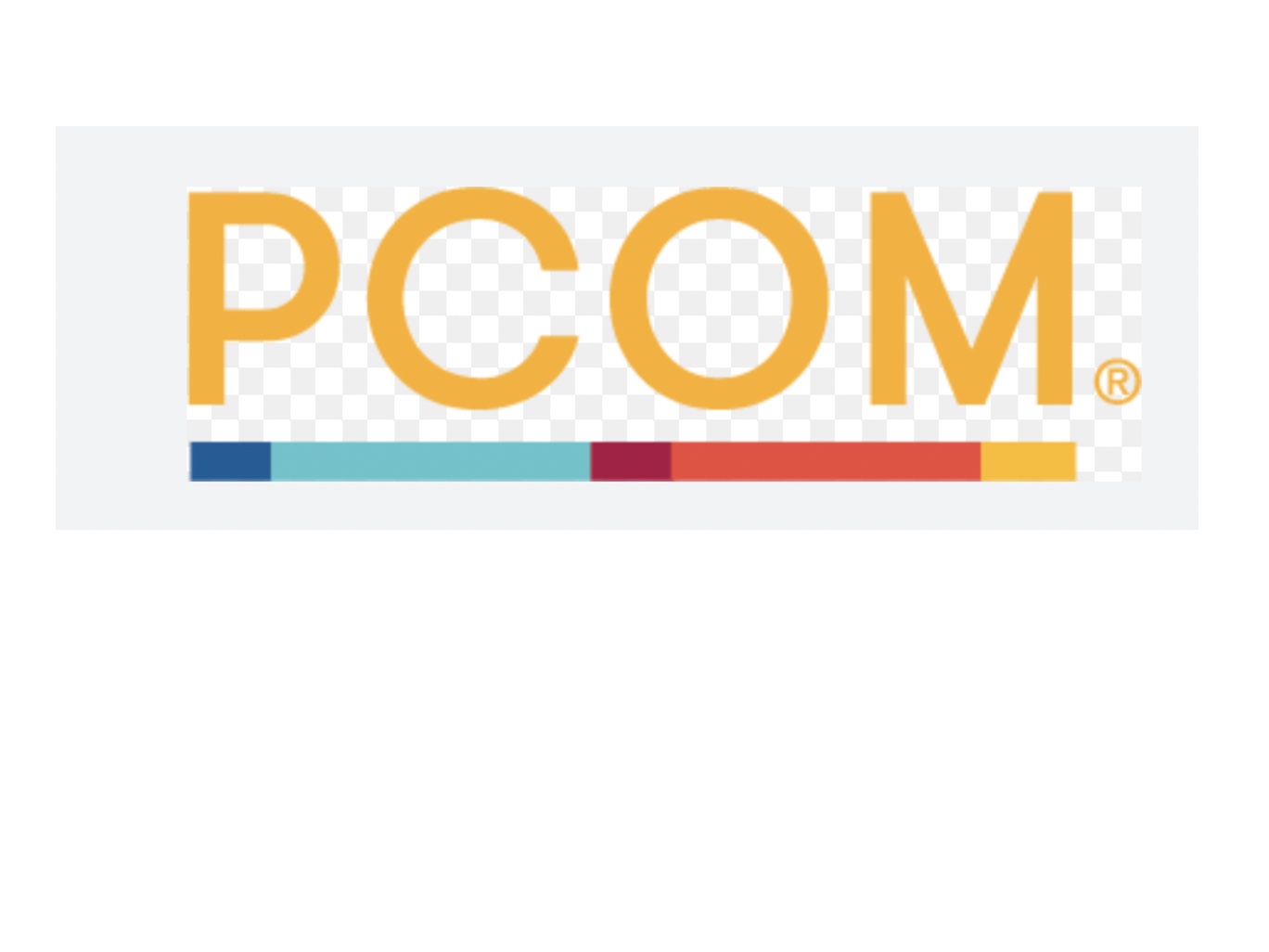 PCOM Logo in Gold with Colorful Underline