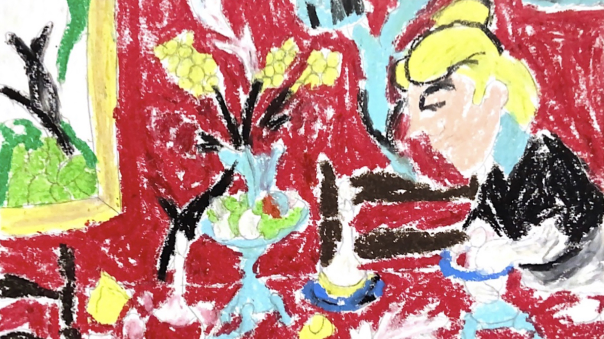 Brightly colored crayon drawing with figure and vase with flowers.