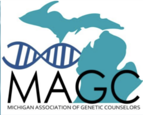Michigan Association of Genetic Counselors Blue and white DNA and in Black Letters MAGC