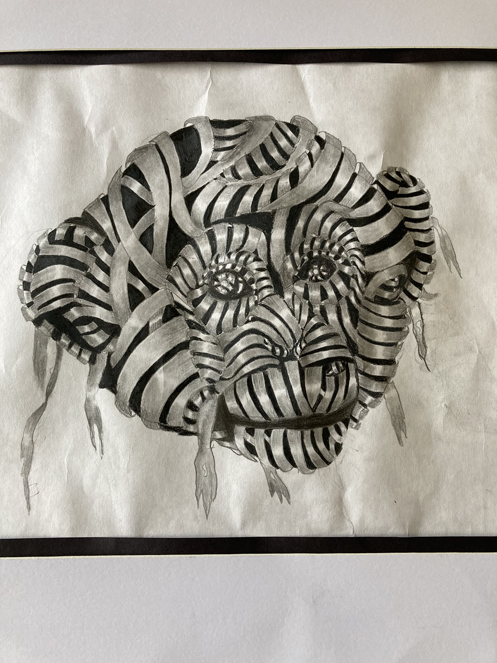Silver banded monkey head against black on white paper.