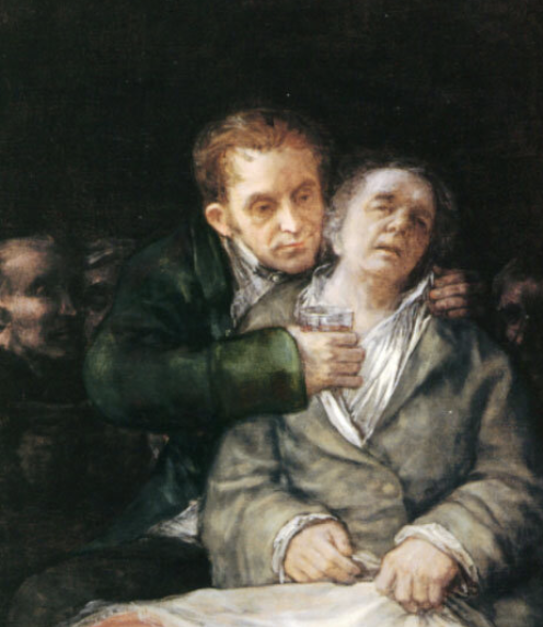 Oil painting of man holding another man who is looking very pale and ill.