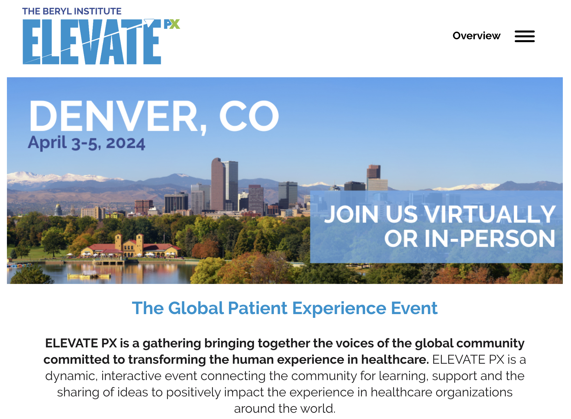 Elevate Beryl Institute Event Denver April 3-5 2024 Join us virtually or in person. Image, Skyline of Denver.