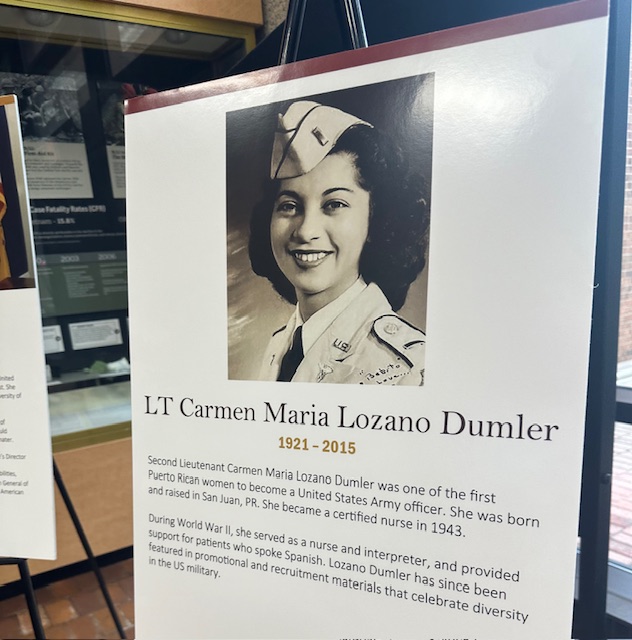 B & W image of woman wearing a uniform and cap. LT. Carmen Maria Lozano Dumler 1921-2015 (Exhibit from Black History Month)