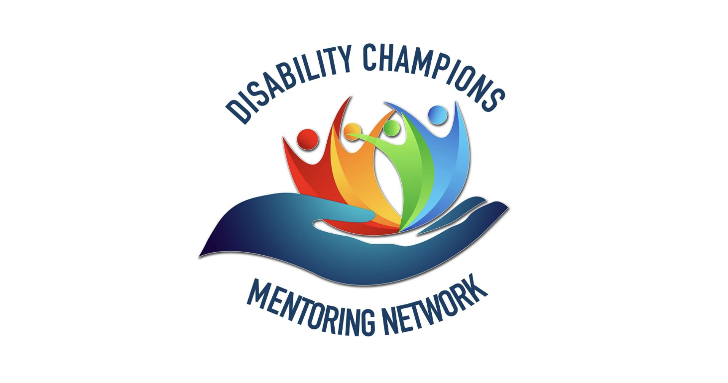 Disability Champions Mentoring Network logo, hand holding 4 multicolred figurine illustrations.