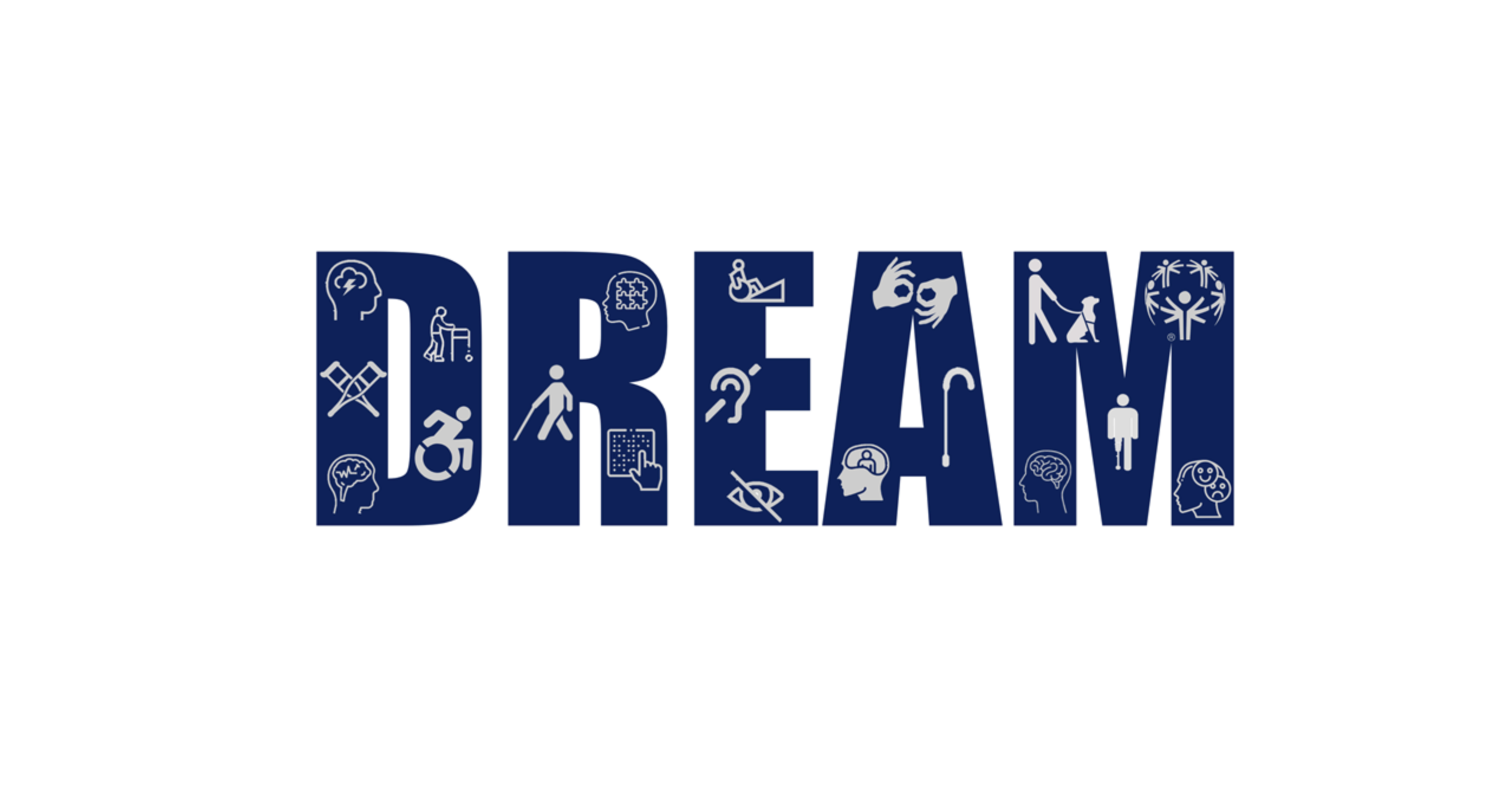 DREAM Logo Dark BLue with illustrations represented individual with a variety of Disabilities.