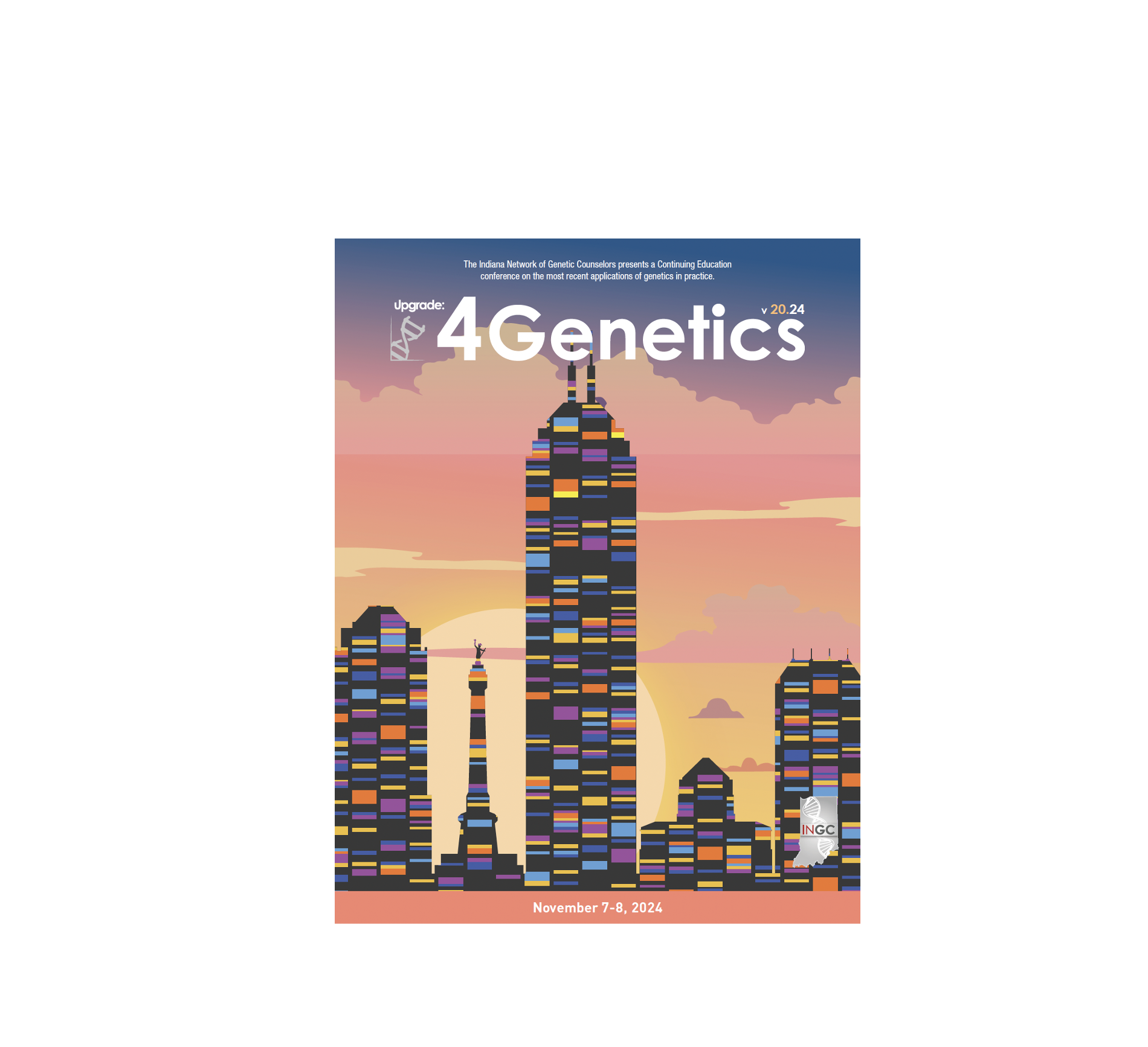 Upgrade 4 Genetics: Skyline of buildings against colorful sky.