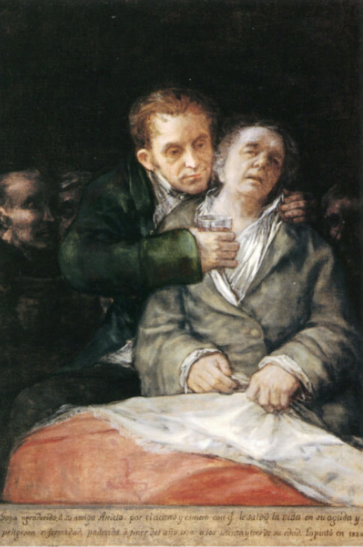 An oil painting of a doctor with his arms around a man who looks like he might not be feeling well.