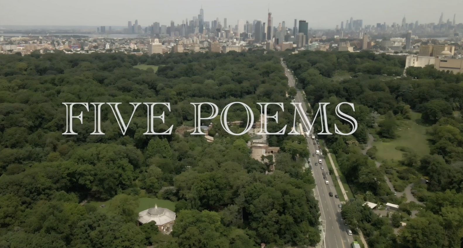 Aerial view of Central Park with skyline in the upper background. The words: 5 Poems written boldly across the image.