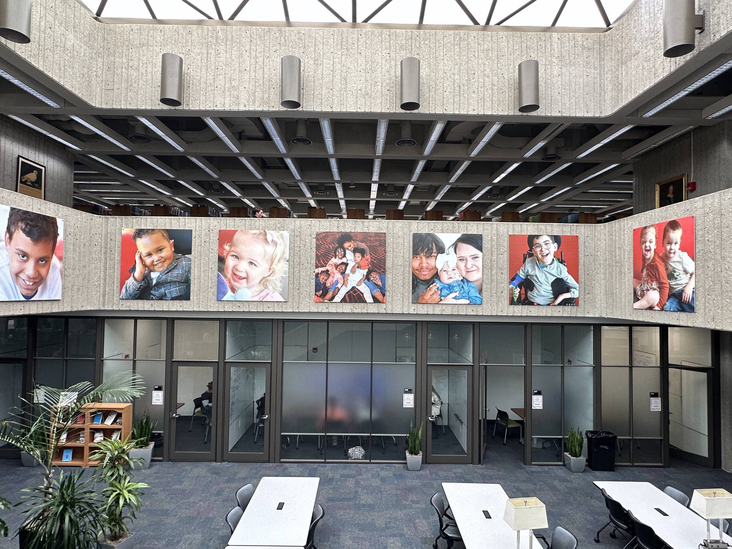 7 large images on a landing in a library setting.