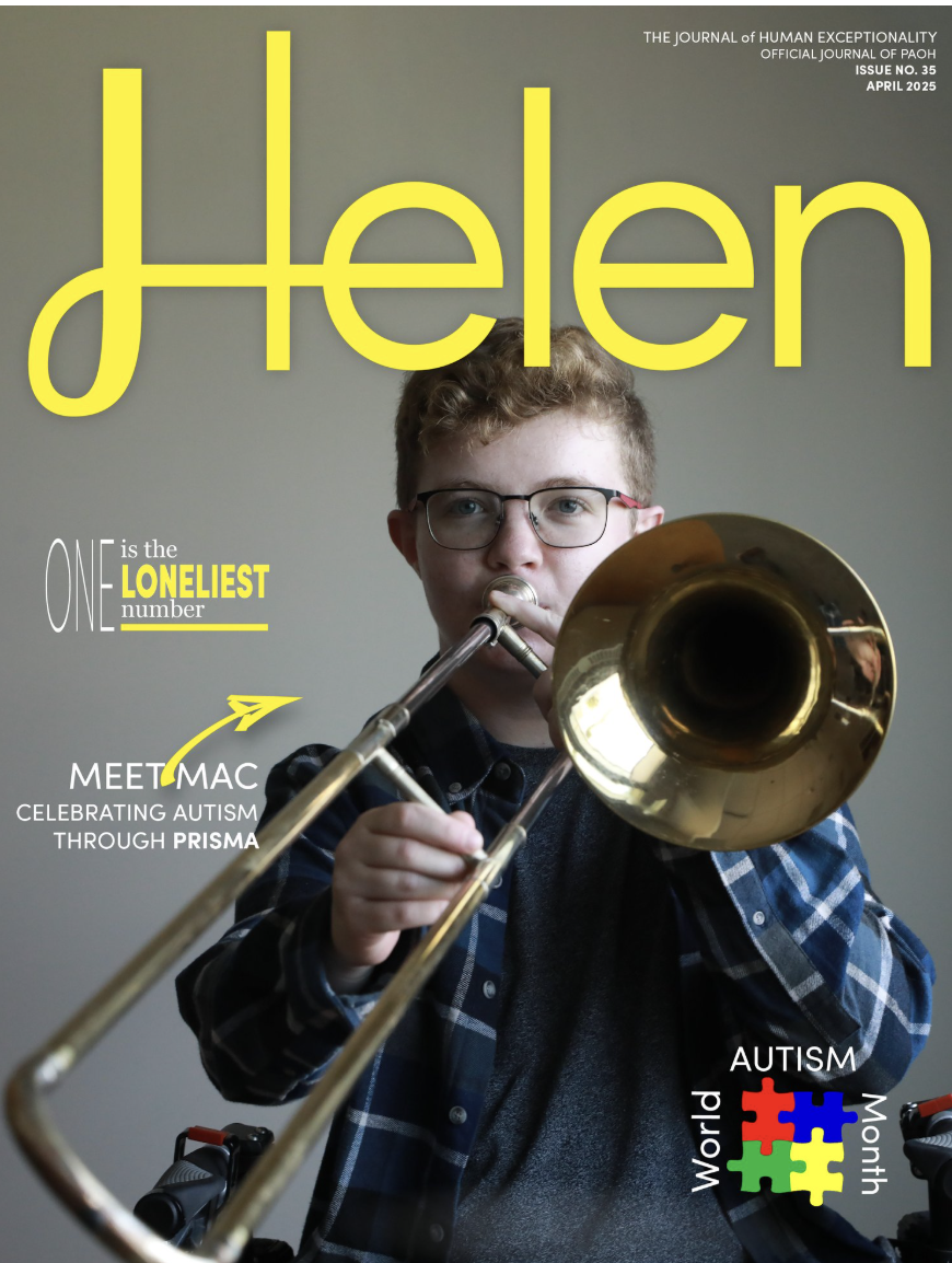 Helen Journal cover. Meet Mac: Person playing the trombone. In yellow and white text: One is the Loneliest #. Meet Mac: Celebrating autism through PRISMA World Autism Month
