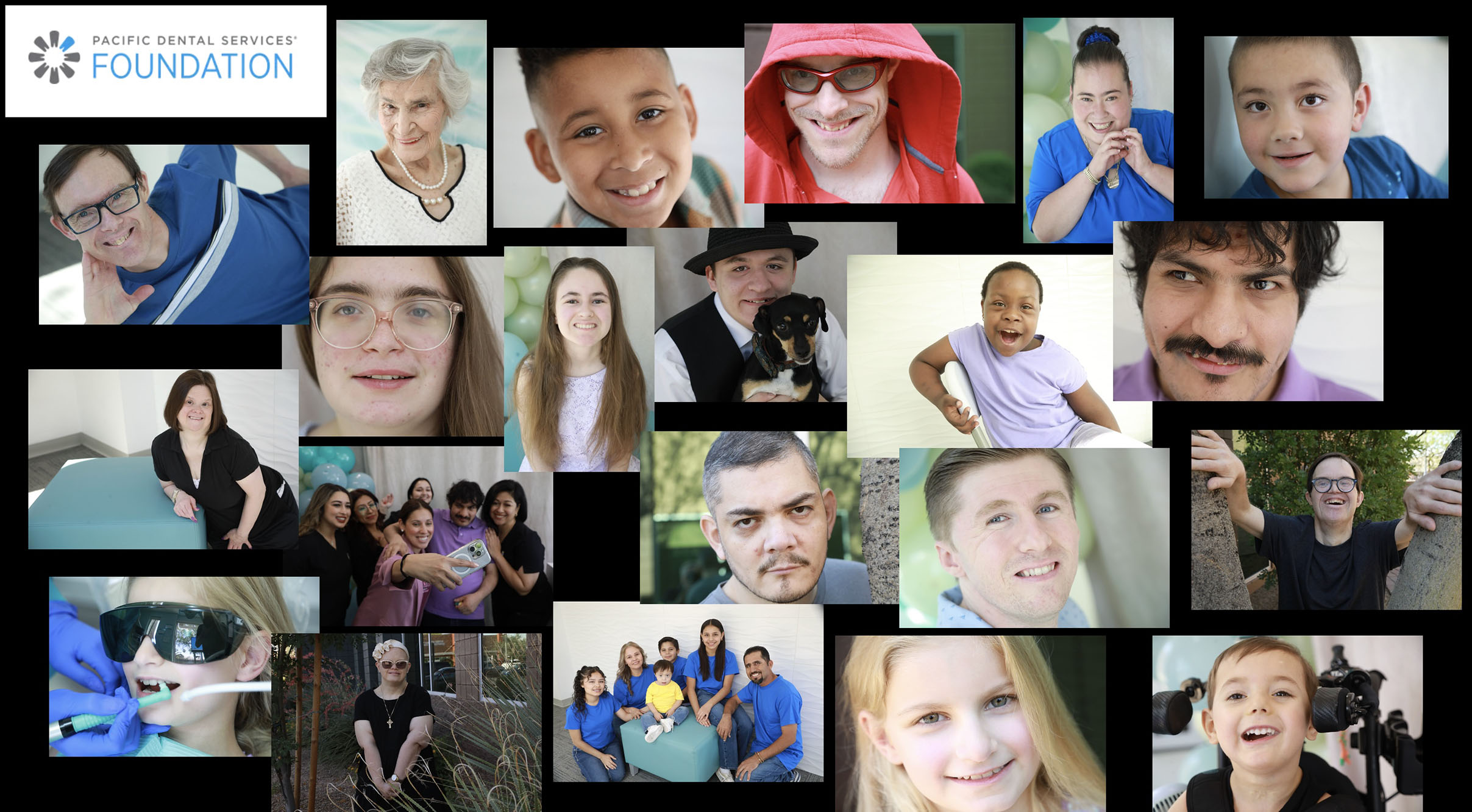 Collage of portraits of people of all ages.. In the corner Logo: Pacific Dental Services Foundation.