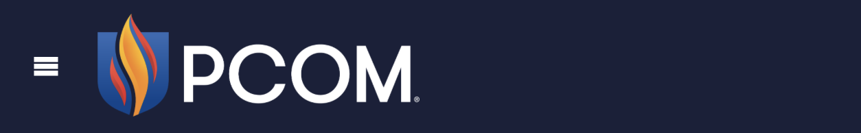 PCOM White letters on dark blue background