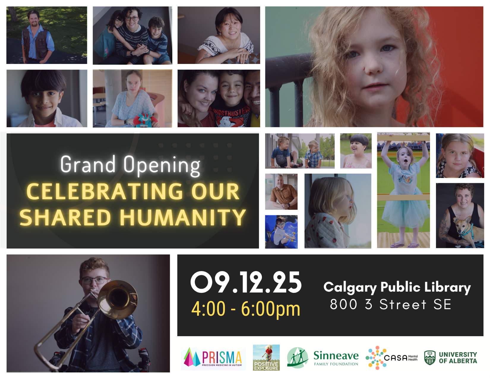 Grand Opening Celebrating our shared humanity 09.12.25 4pm to 6pm Text woth grid of portraits. Calgary Public Librarfy