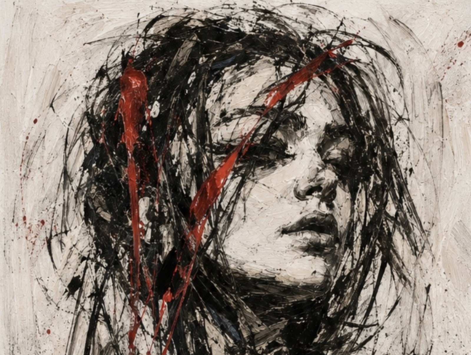 Charcoal of woman's face with lots of sharp lines depicting movement.