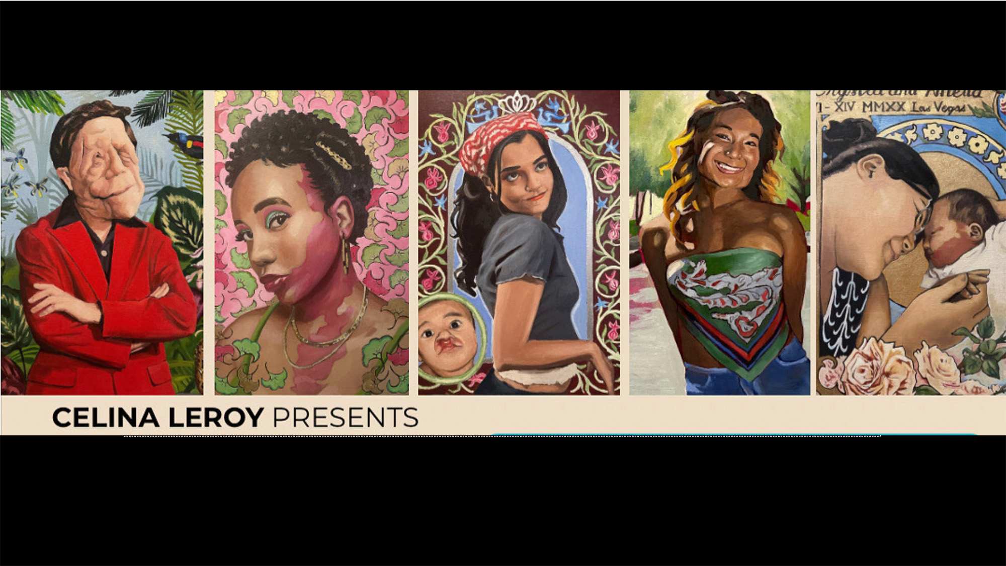 5 portrait oil paintings featured side by side with the text: Celina Leroy presents.