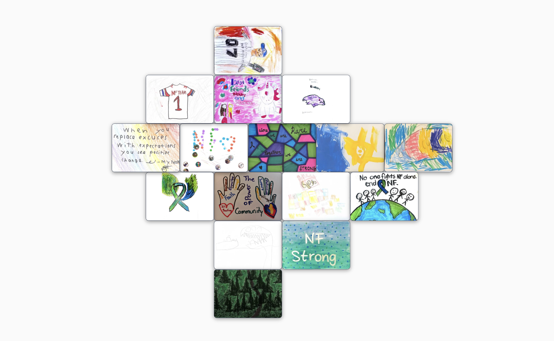 A Series of Artworks grouped together in blocks. One with text: NF Strong