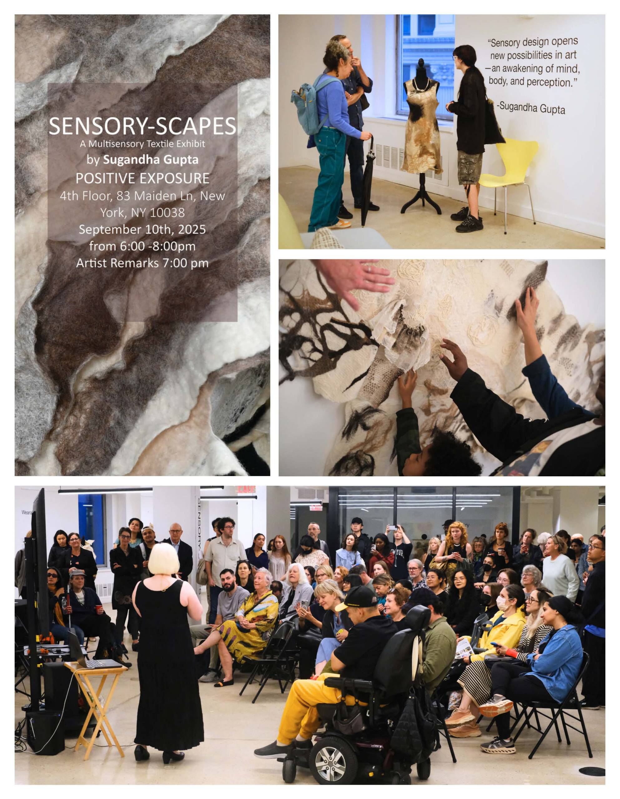 Sensory scapes, sugandha gupta. Images of felt and tactile textiles ending with a woman speaking to a large group of people in a gallery setting.