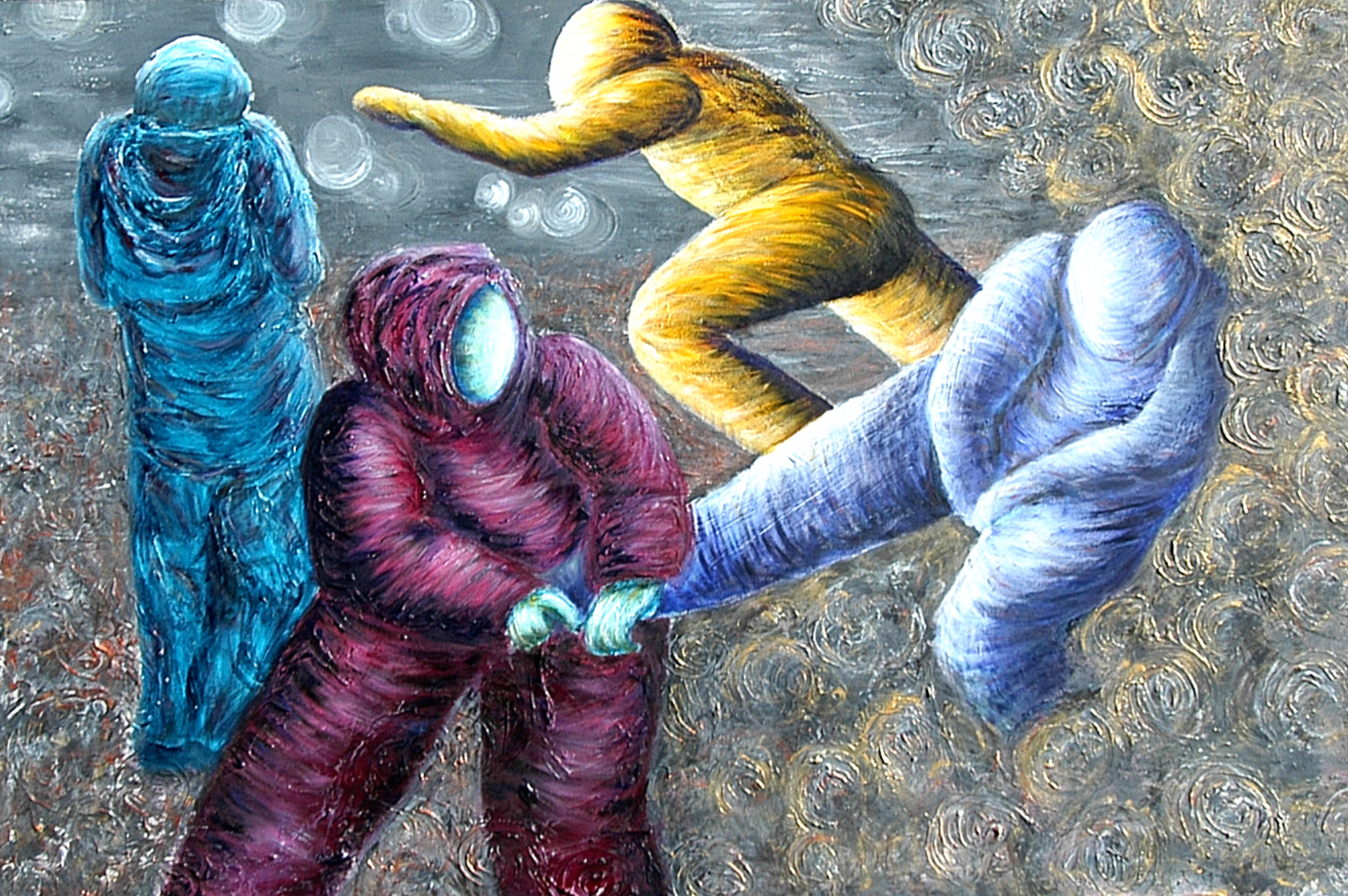 Figures in bright colors floating on abstract background