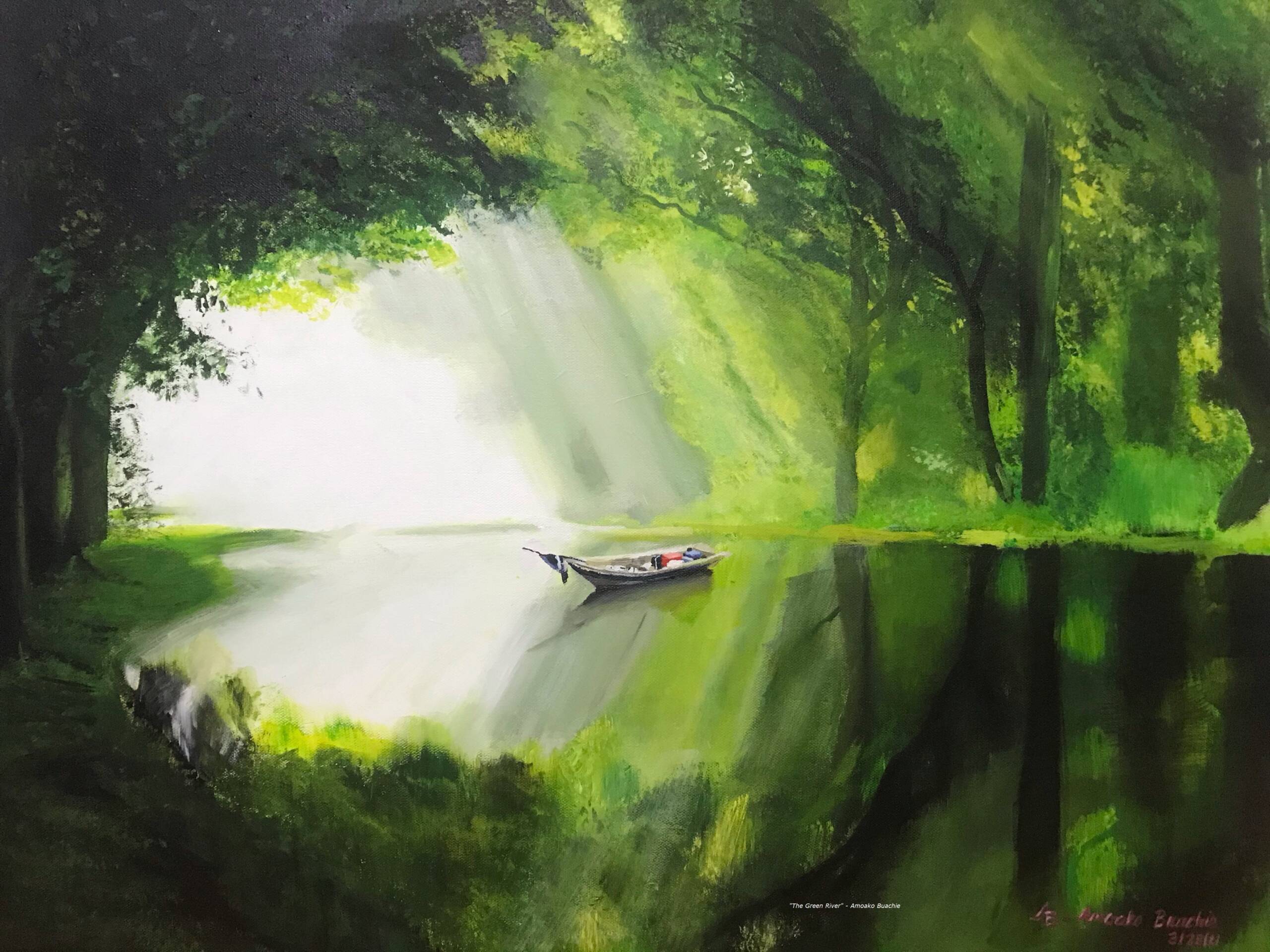 Surroundied by green, a boat quietly rests on a pond.