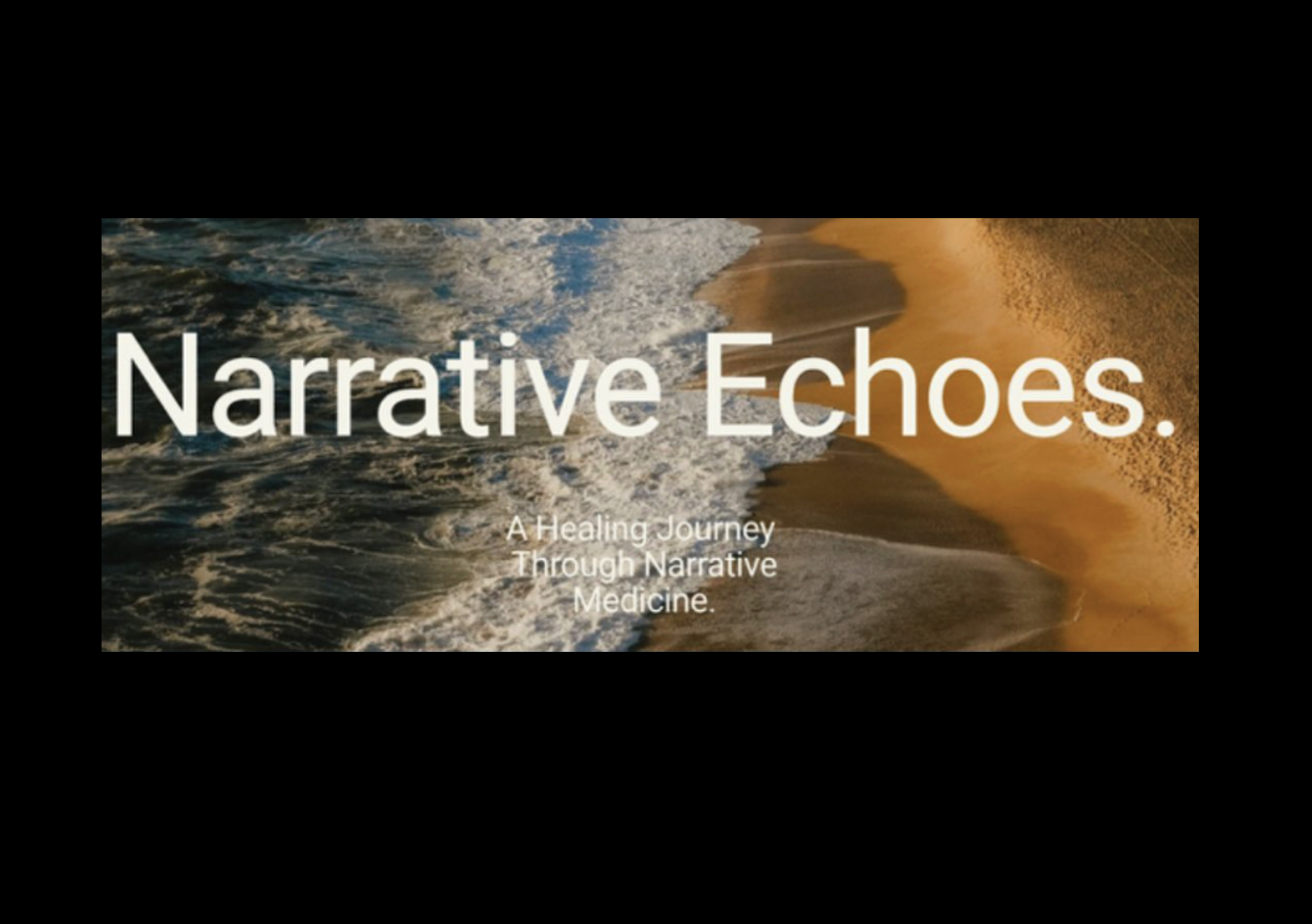 The words Narrative Echoes against a aerial shoreline backdrop.