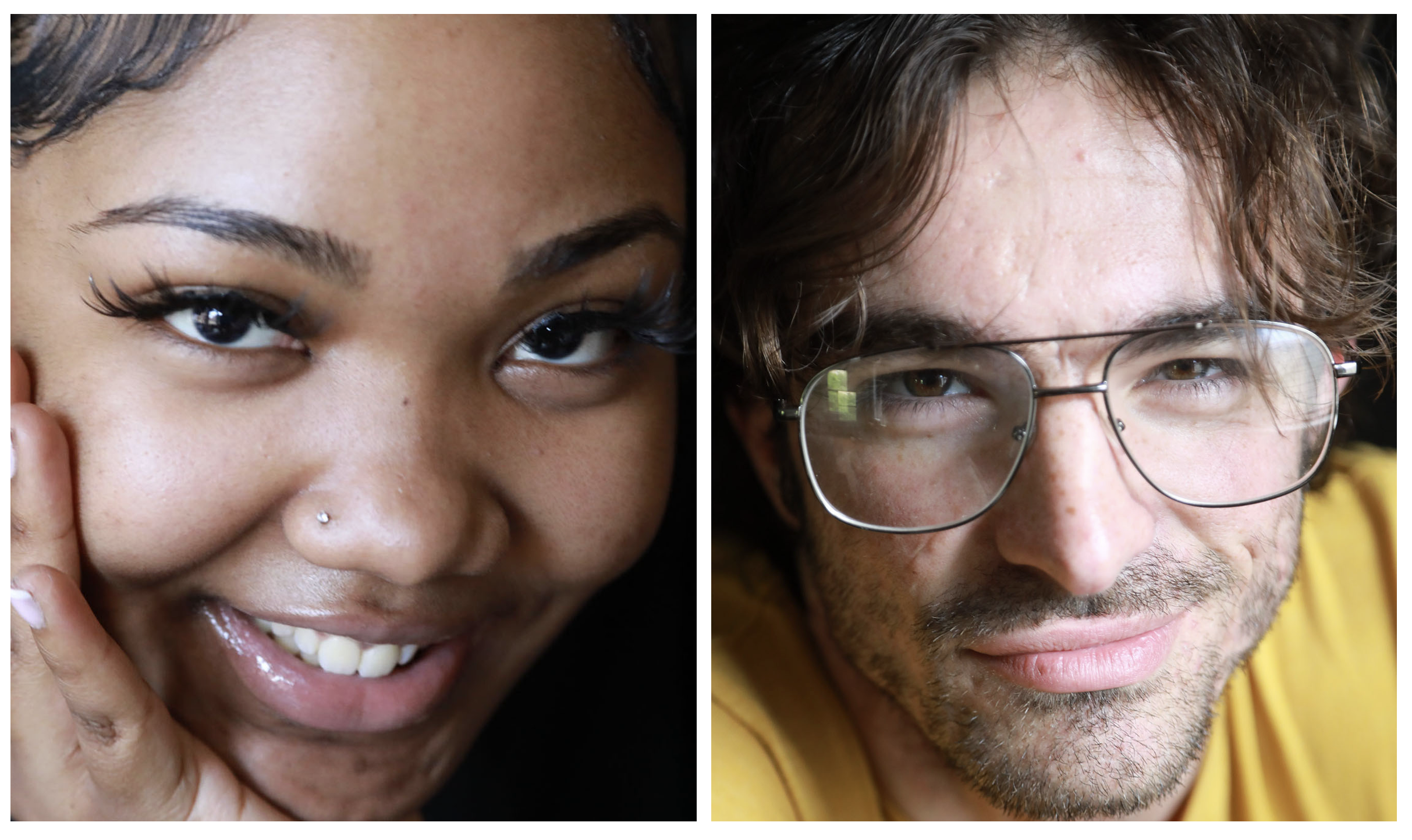 2 portraits of a young woman and young man,