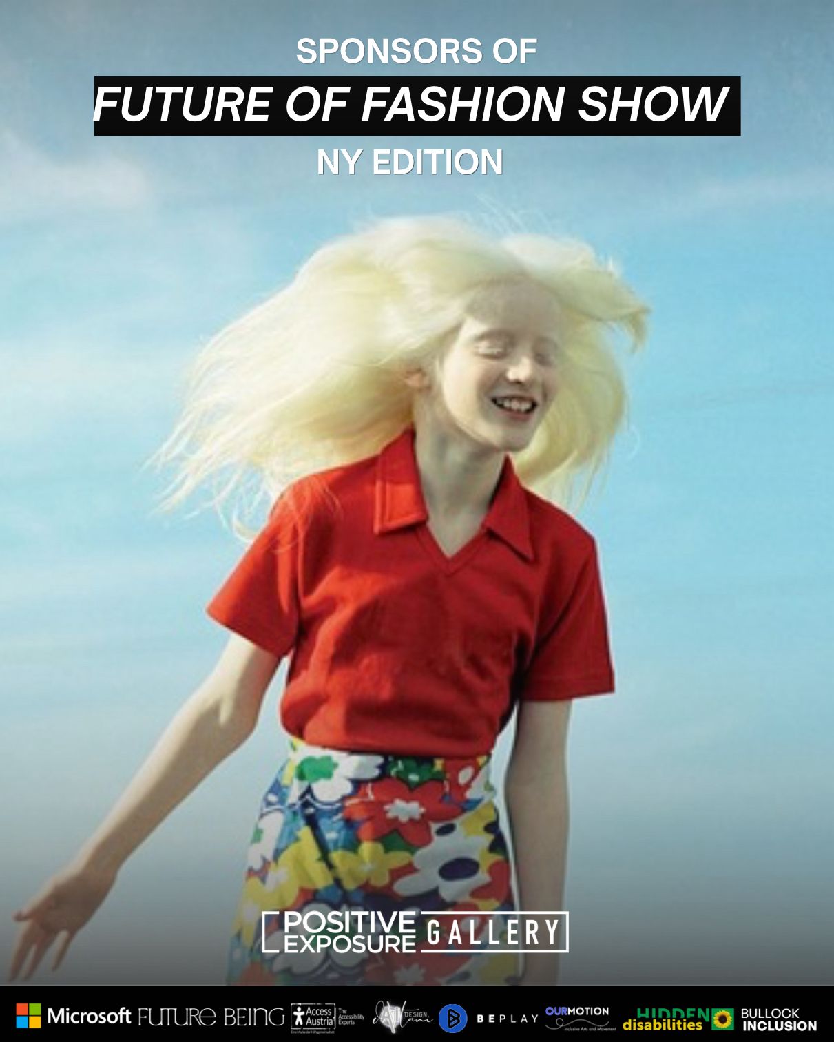 Imager of a young woman with white hair laughing in a red shirt and colorful skirt.