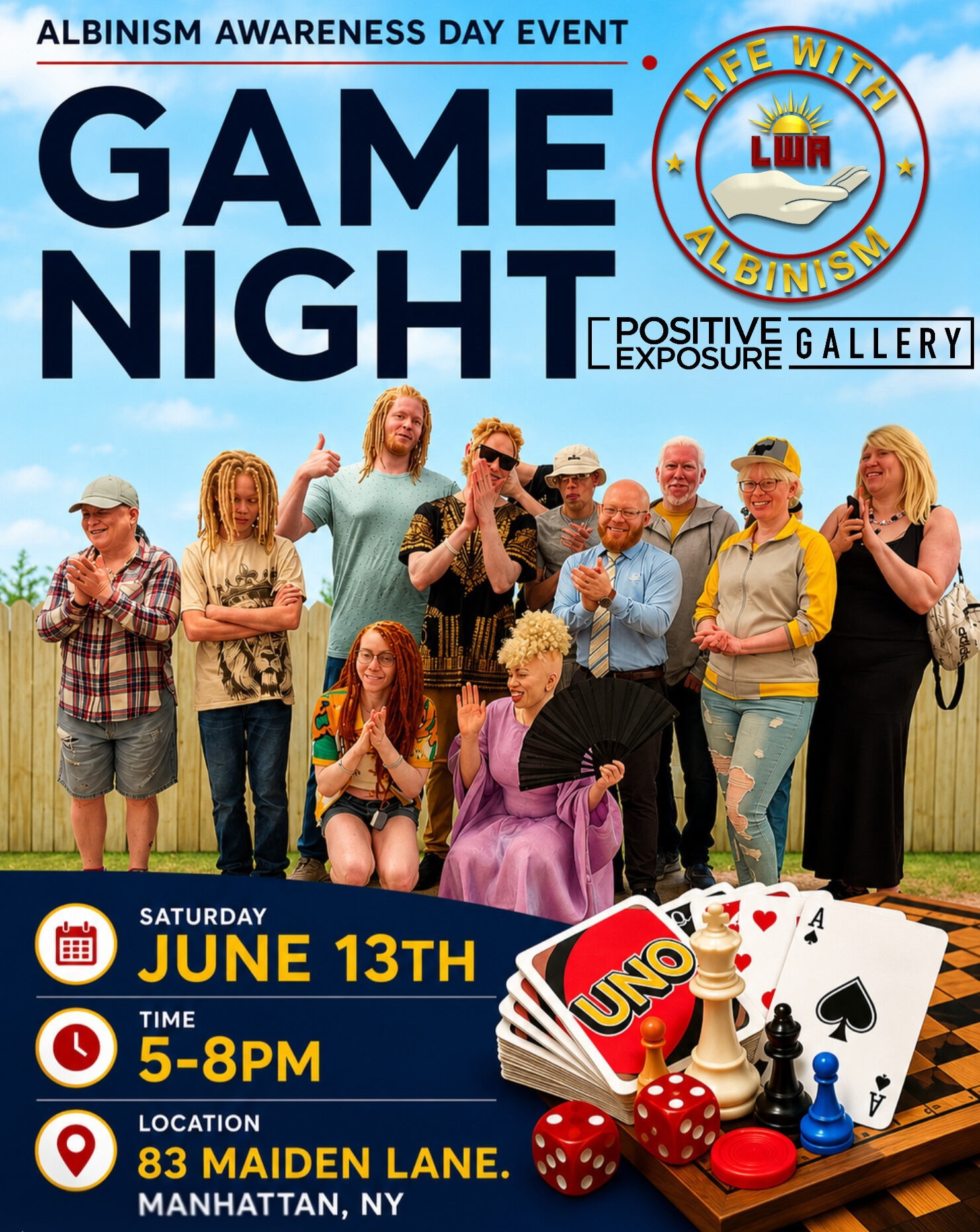 ALBINISM AWARENESS DAY: Game Night SATURDAY JUNE 13TH TIME 5-8PM LOCATION 83 MAIDEN LANE. MANHATTAN, NY An dimage of a group of men and women with albinism against a blue sky.