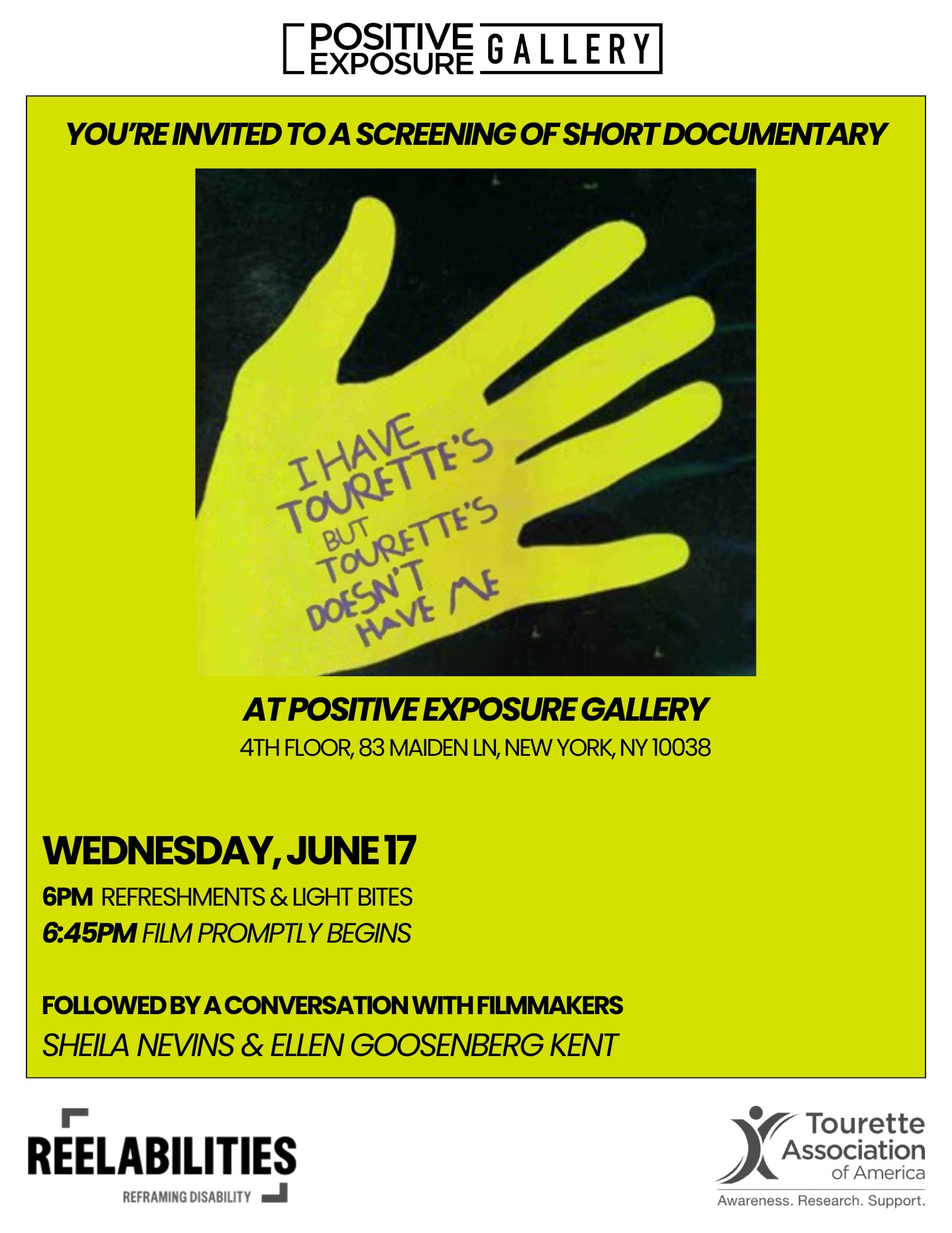 A silhouette of a hand in green with words I have Tourettes but Tourettes doesn't have me written on the hand. Time below.