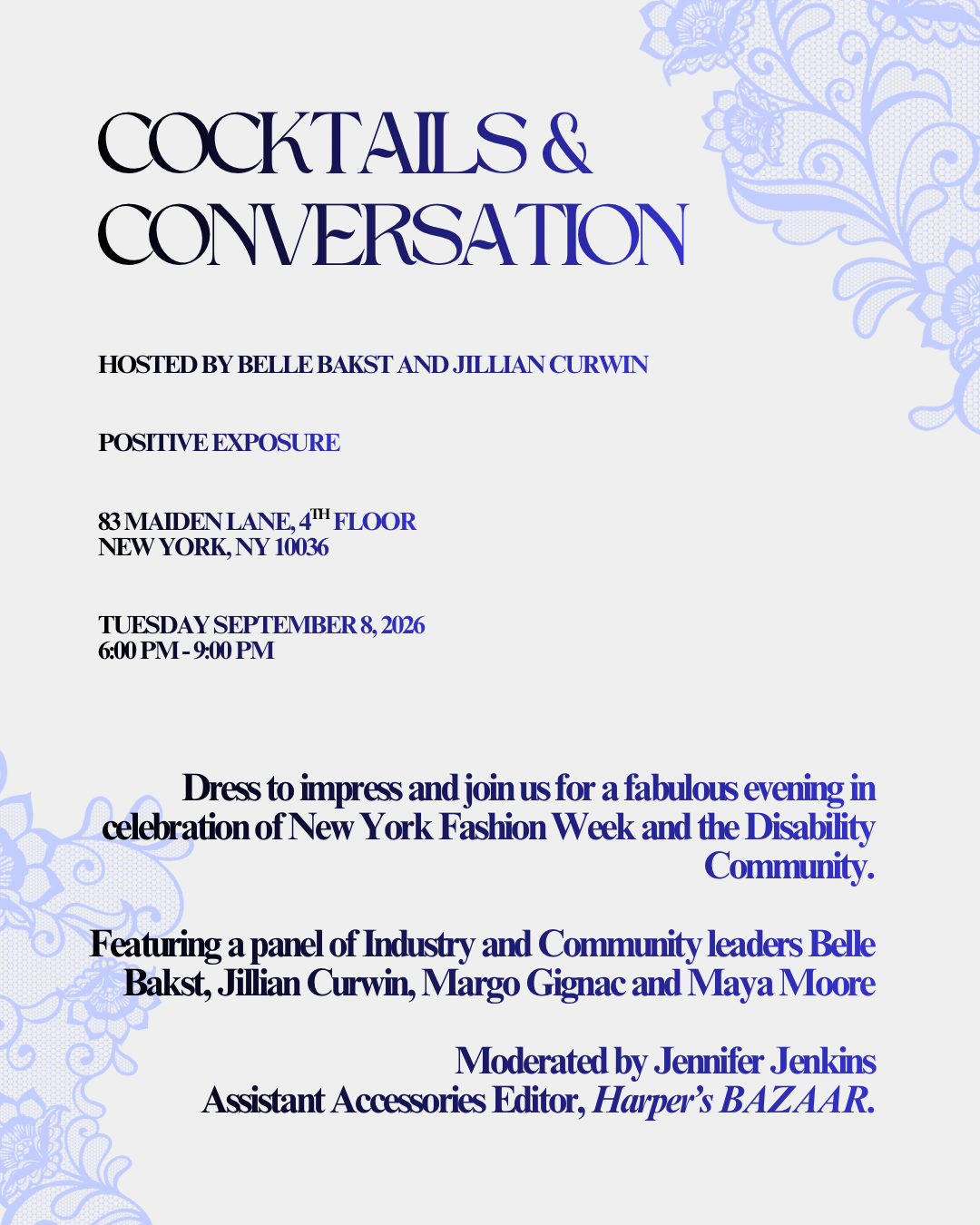  Invitation-style flyer with decorative light blue floral lace designs in the corners and dark purple text on a light background.