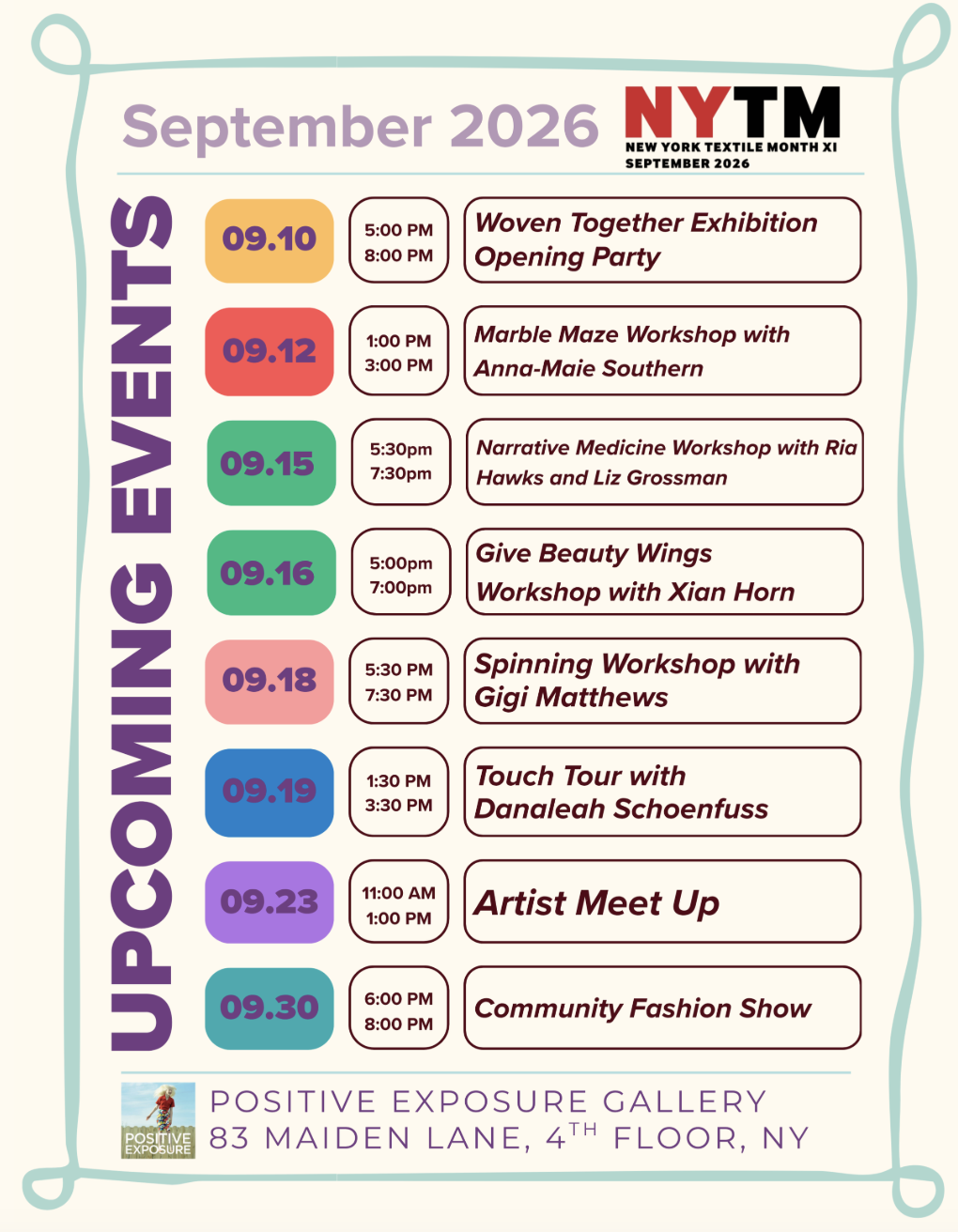 Colorful calendar dates with Events listed.