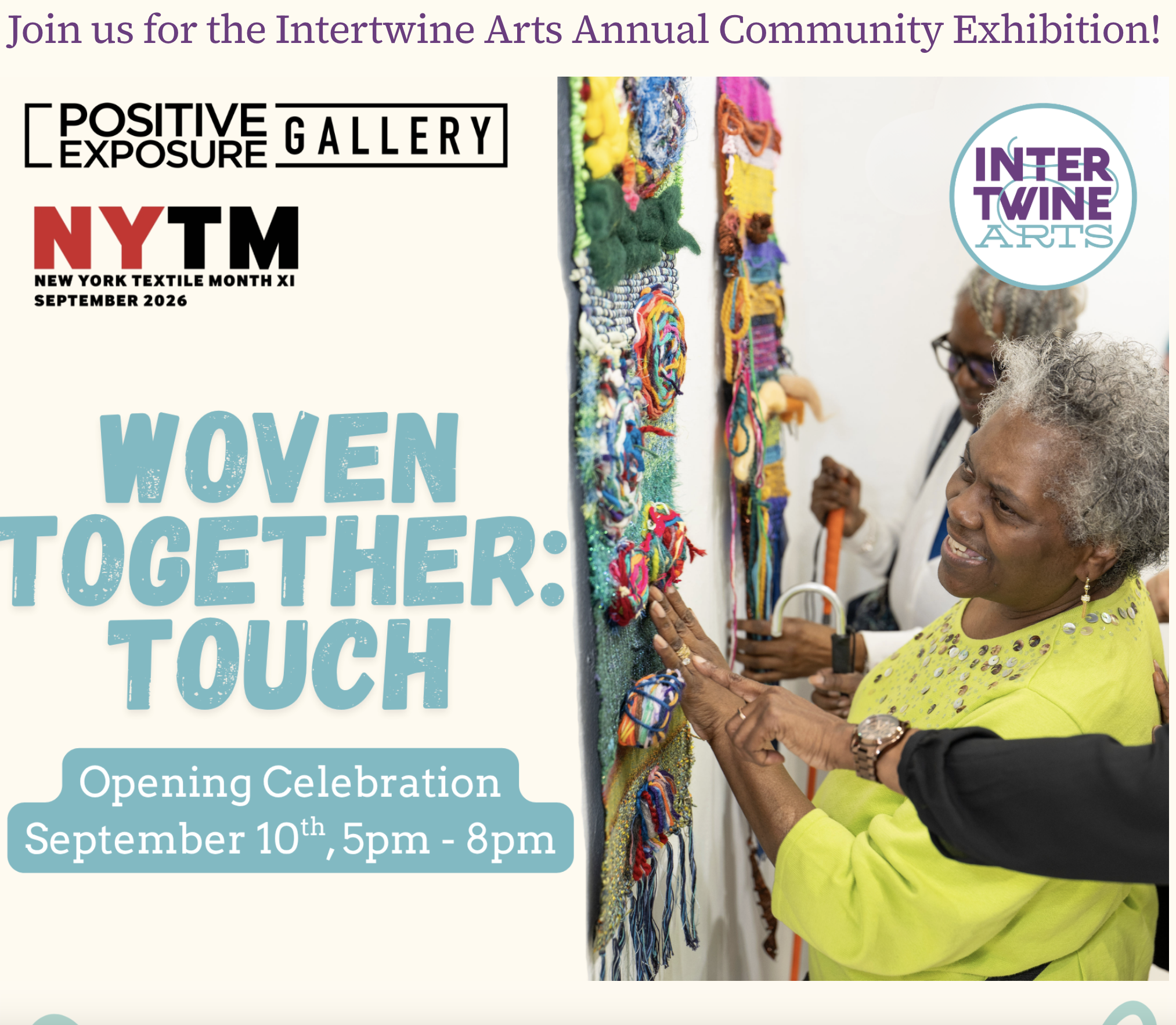 Join us for the Intertwine Arts Annual Community Exhibition! A woman touching wovn art piece.