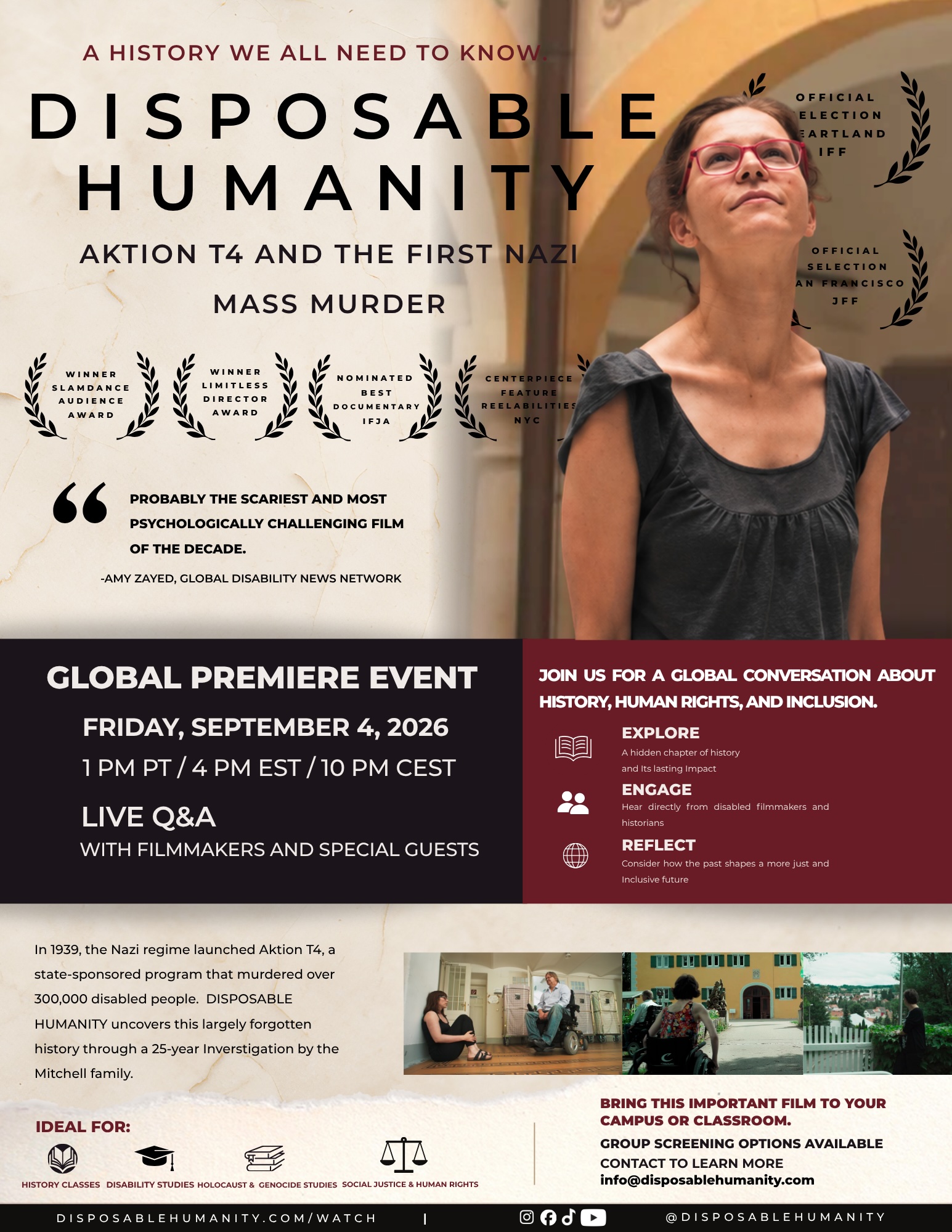 Disposable Humanity Film Poster. Woman in black dress looking up. Text reads below image.